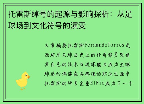 托雷斯绰号的起源与影响探析：从足球场到文化符号的演变