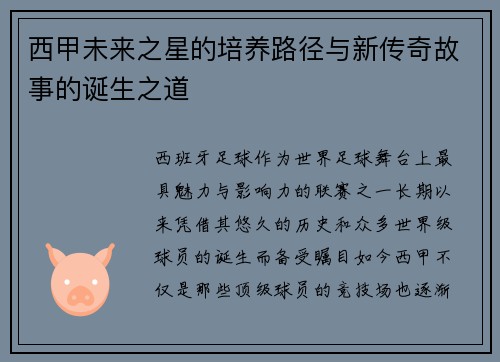西甲未来之星的培养路径与新传奇故事的诞生之道