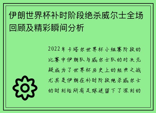 伊朗世界杯补时阶段绝杀威尔士全场回顾及精彩瞬间分析